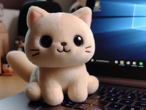 A cute plushie cat sitting on a laptop keyboard