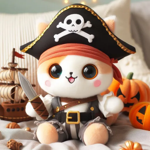 A cute plushie cat dressed as a pirate