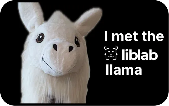 A sticker with a llama mascot and the text I met the liblab llama