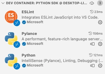 The VS Code extensions panel with PyLance and the Python language server installed