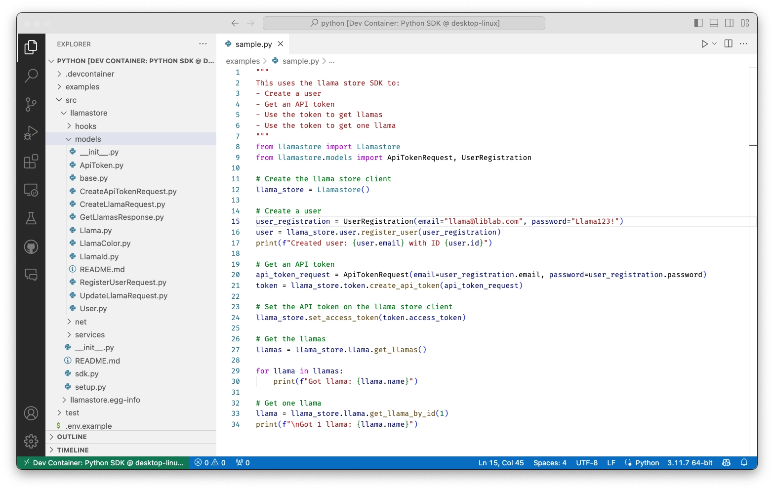 Visual Studio Code showing some code using a llama store SDK in Python