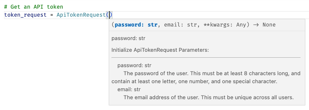A documentation popup for an APITokenRequest showing the descriptions of the email and password properties