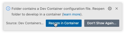The VS Code reopen in container dialog